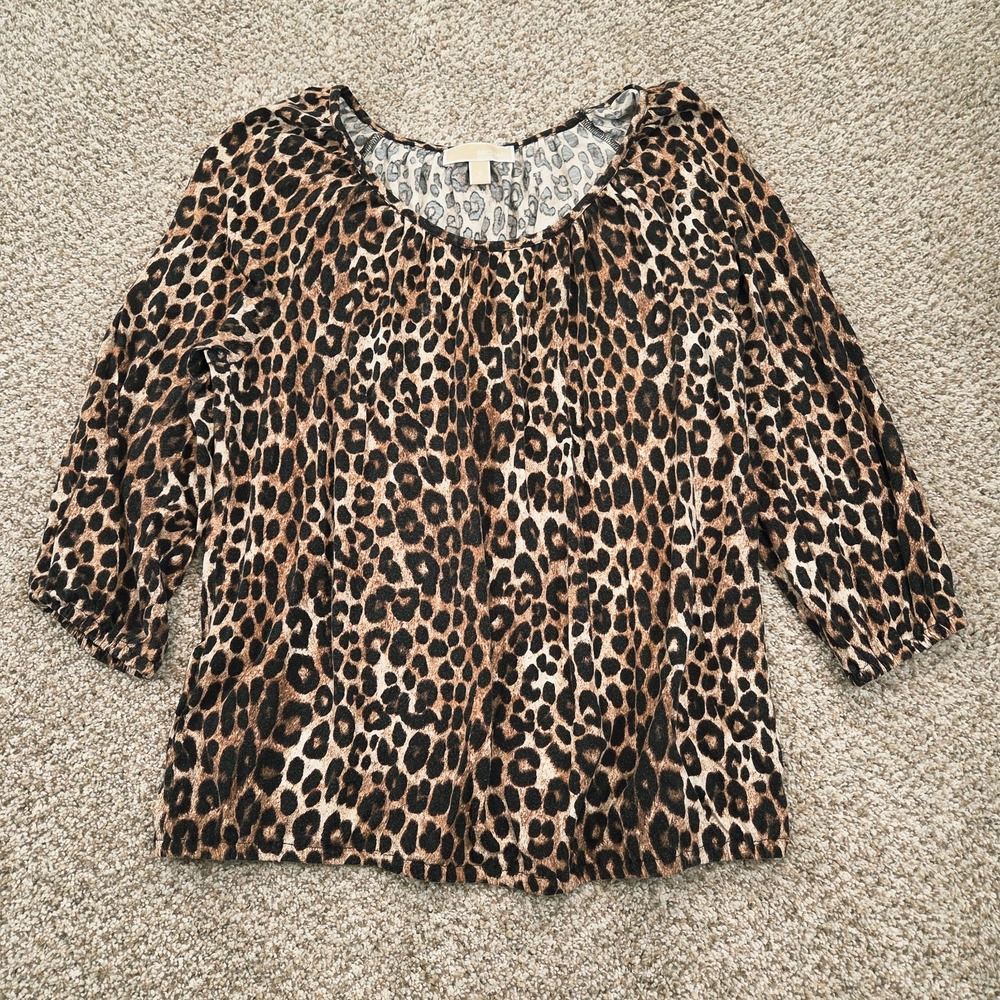 Michael Kors Women's M Flowy loose fit Leopard Print Blouse 3/4 Sleeve Peasant